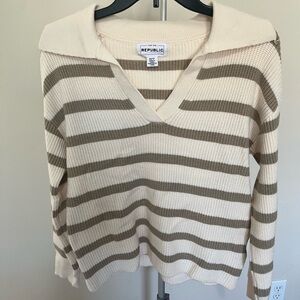 For The Republic Cream & Taupe Striped V-Neck Hooded Sweater